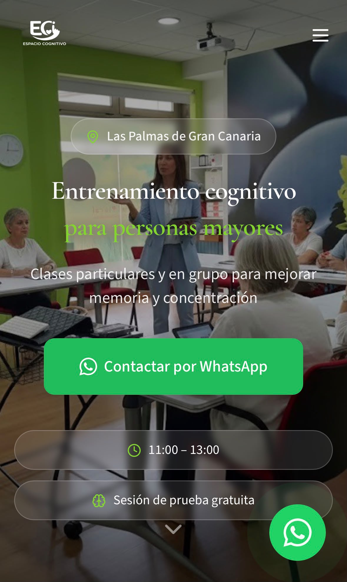 Captura de la web de Espacio Cognitivo — Entrenamiento cognitivo, diseñada por Presencia Real Webs