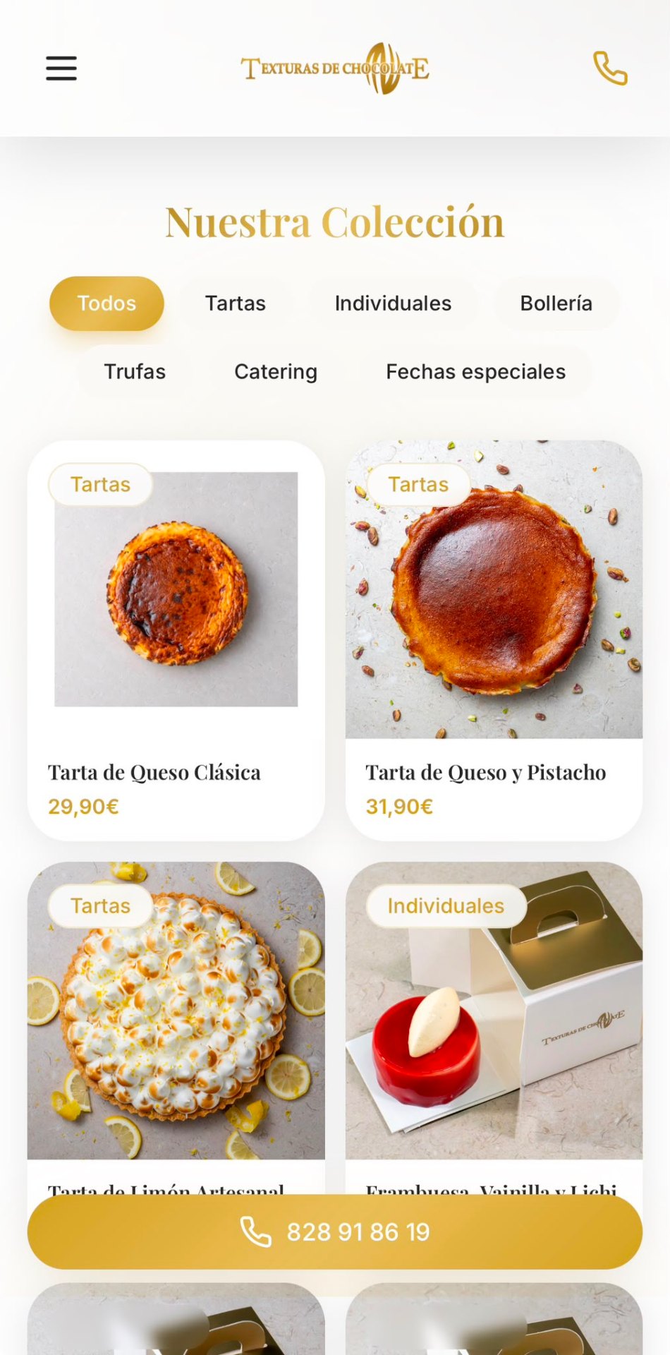 Captura de la web de Texturas de Chocolate — Pastelería artesanal, diseñada por Presencia Real Webs