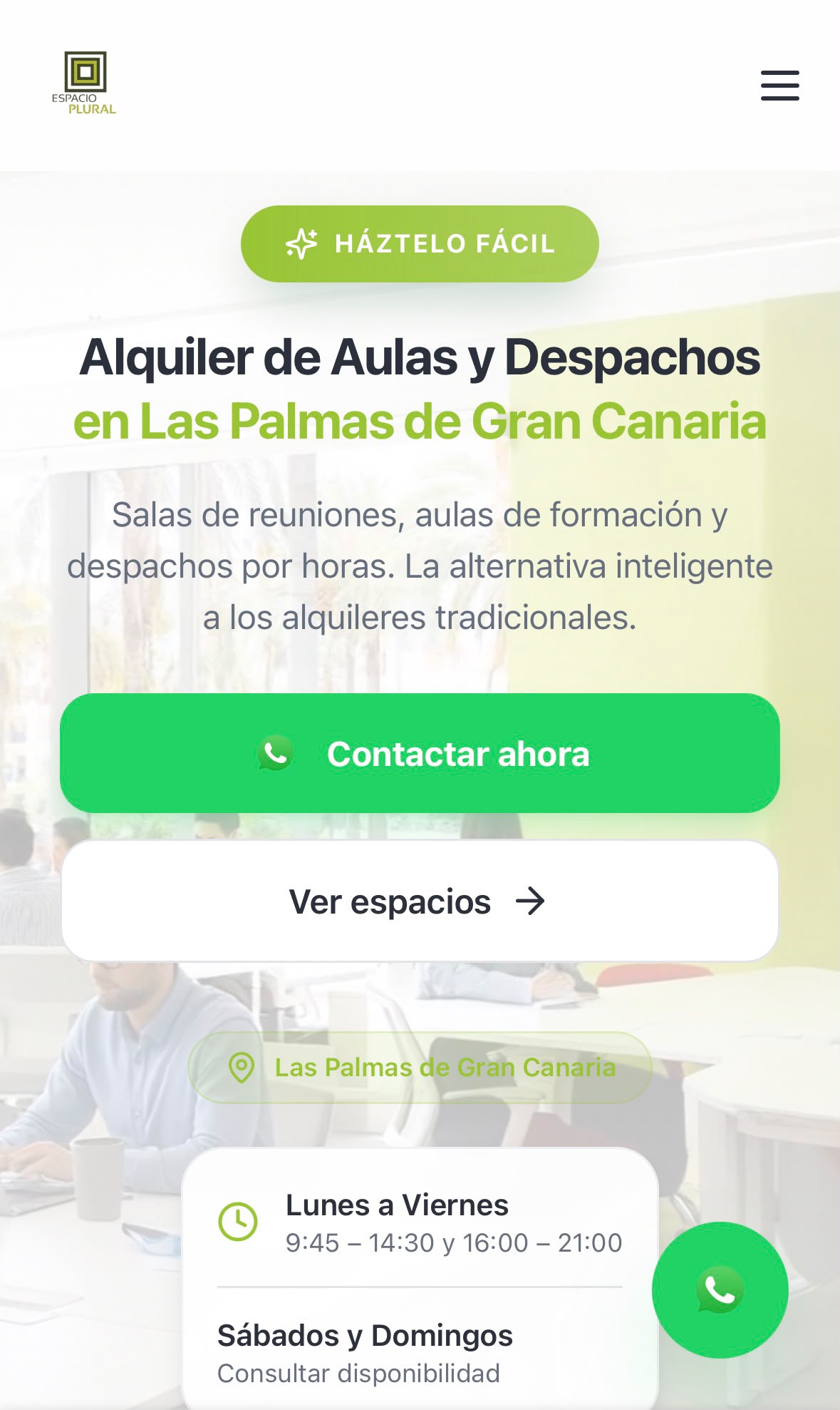Captura de la web de Espacio Plural — Alquiler de aulas y despachos, diseñada por Presencia Real Webs