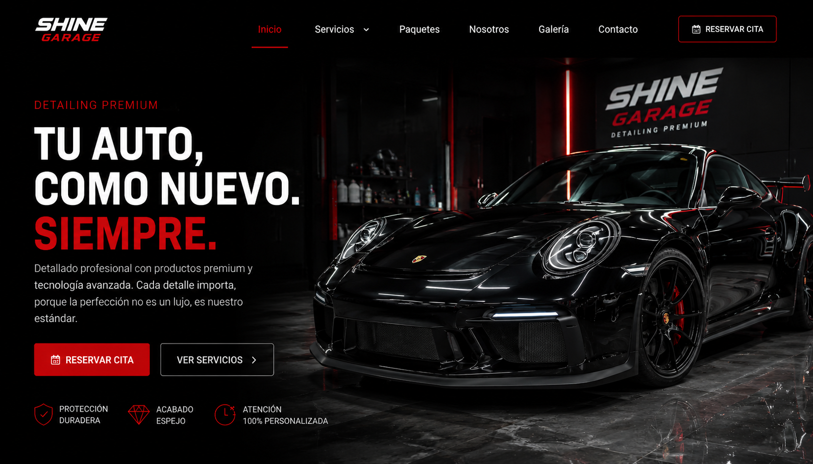 Web de detailing premium Shine Garage