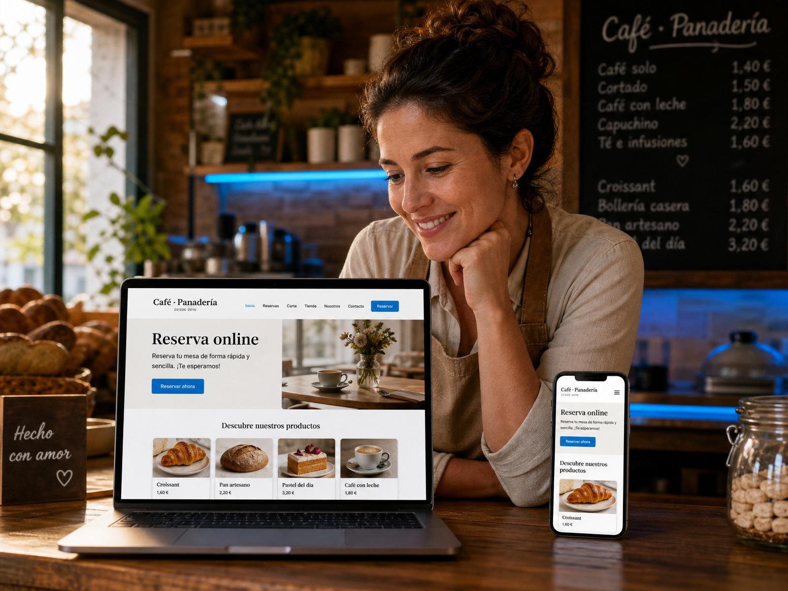 Dueña de una cafetería en España mostrando su nueva web profesional con reservas online en portátil y móvil